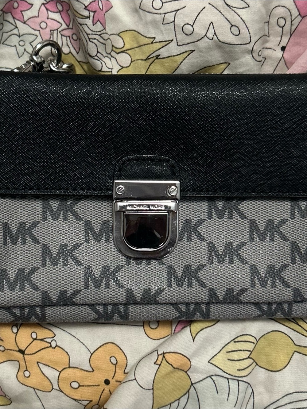 Michael Kors Black and Gray MK Logo Crossbody with Silver Hardware